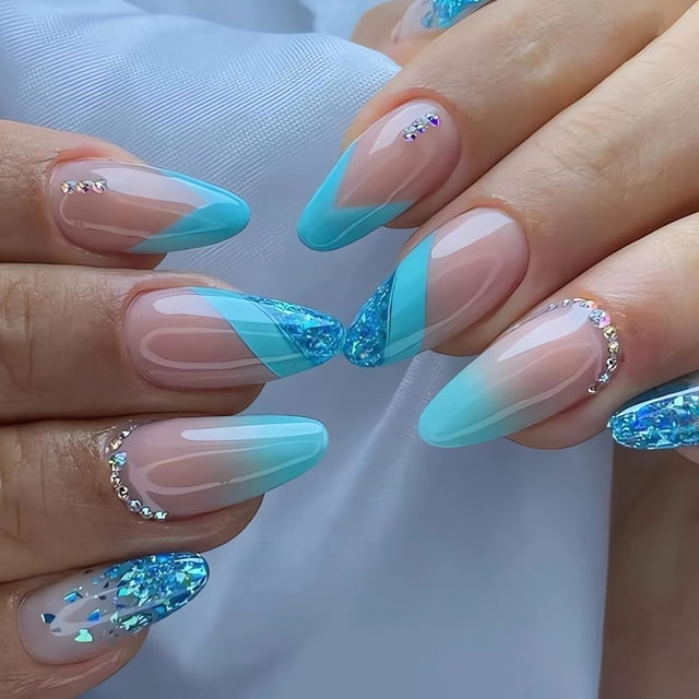 IMSOHOT Almendra Prensa en Uñas Francesas Azul Medio Uñas Postizas Glitter Degradado Uñas Postizas con Diseños Rhinestone Cubierta Completa Uñas Acrílicas Pegamento Brillante en Uñas para Mujeres 24pc