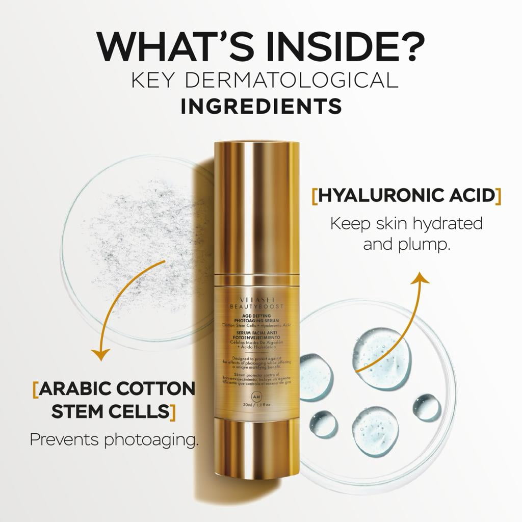 Vitasei Beauty Boost AM Facial Serum W/Cotton Stem Cells & Hyaluronic Acid, Anti Aging Serum for Women & Men, Photoaging Control Face Oil Moisturizer, Fine Lines & Wrinkles, 30 ml