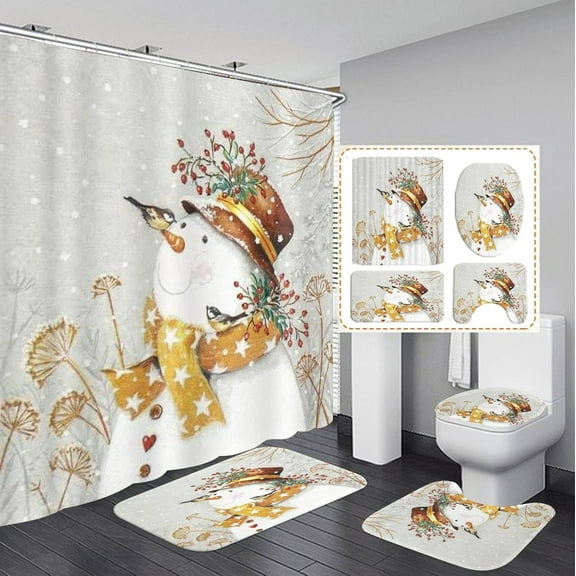 Shining Christmas Tree Bathroom Shower Curtain Non-Slip Rugs Toilet Lid Cover and Bath Mats,Red Christmas Shower Curtain Rug Set with 12 Hooks,Xmas Shower Curtain Sets(Medium Size)