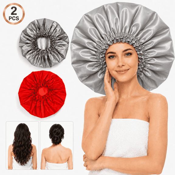 RYLZX 2 Pcs Super Jumbo Waterproof Shower Caps for Women, Reusable Super Large Bath Caps Hair Cap for Long Thick Curly Hair Twist Braids - Grey   Red