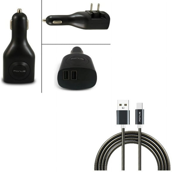 3ft Metal USB Cable w 2-Port USB Car Home Charger E3D for Acer Liquid Jade Primo - Alcatel PulseMix, 7, Idol 5S 5 4S - ASUS Zenfone V Live, ROG Phone, AR 6 5z 4 Pro - Blackberry Motion, Key2