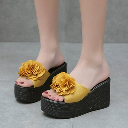 

Leesechin Women s Summer Platform Solid Color Floral Wedge Sandals Yellow on Clearance
