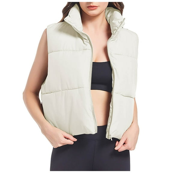 Fanxing Cropped Puffer Vest Women Winter Sleeveless Puffy Jacket with Pockets Lightweight Zip Up Stand Collar Gilet White M