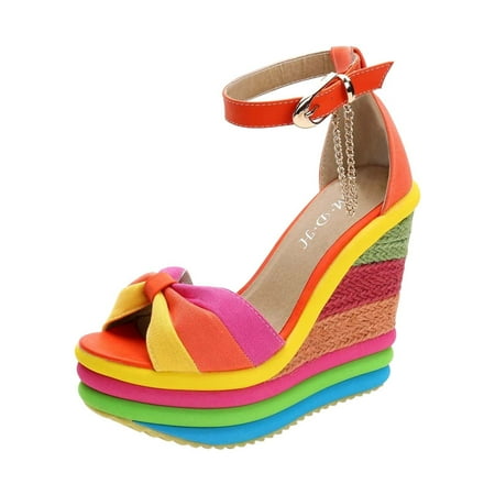 

Colorful Wedge Sandals for Women Open Toe Platform Sandals Buckle Strap Sandals with Chain Party Dress Shoes