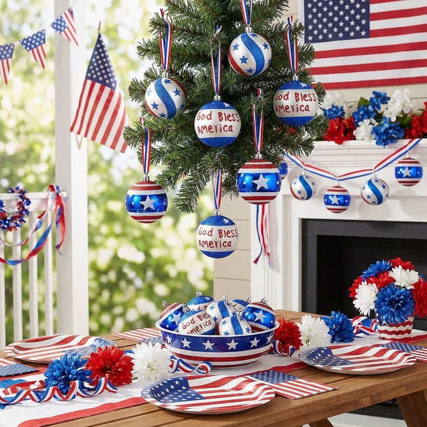 Adornos rojos, blancos y azules para el Día de la Independencia | Decoraciones colgantes de plástico galvanizado | Decoración patriótica para fiestas del 4 de julio