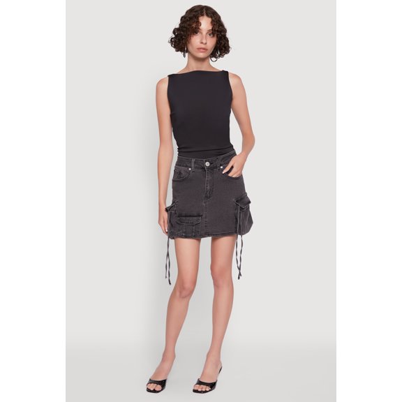 Womens Trendy Mid Rise Mini Denim Skirt with Cargo Pockets