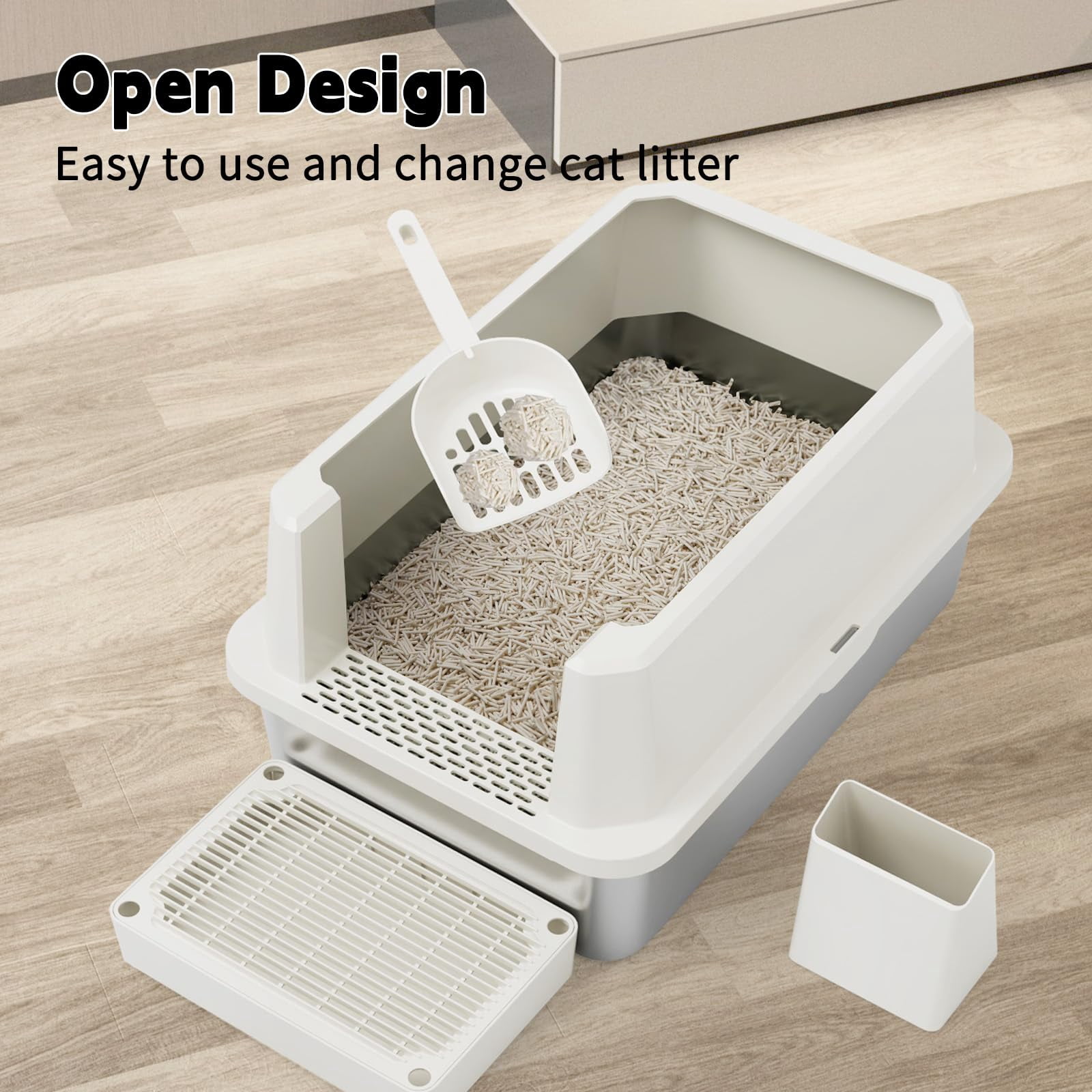 Open Cat Litter Box: Large Beige Stainless Steel Pan 23.8" X 15.9" 12.4" - High Sided Splash-proof Easy Clean Toilet For Cats Up To 20 Lbs Ideal Laundry Areas Apartments