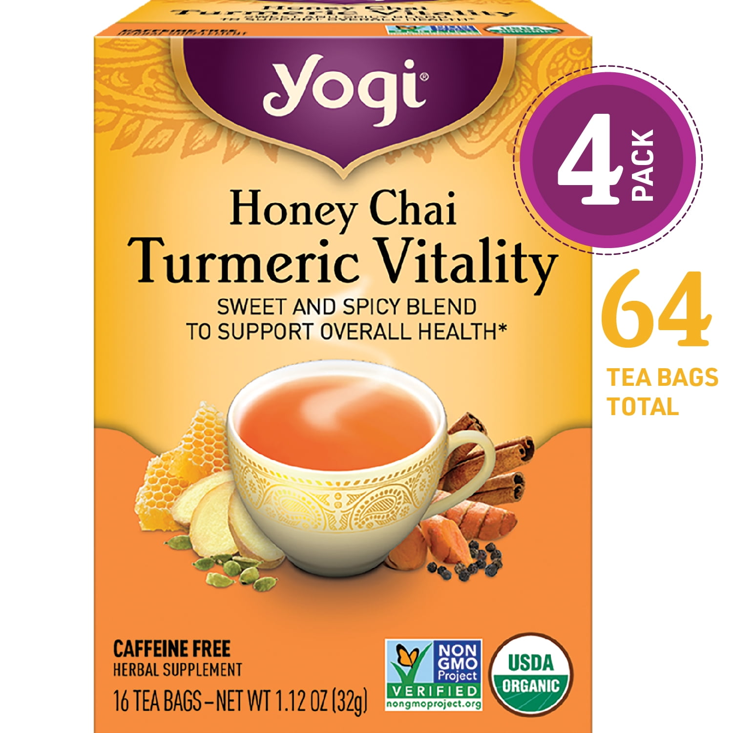 Yogi Honey Chai Turmeric Vitality - Organic Herbal Tea Bags - 4 Boxes of 16
