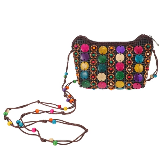 STOBOK Ethnic Beaded Coconut Shell Crossbody Bag with Long Strap Handmade Boho Shoulder Bag