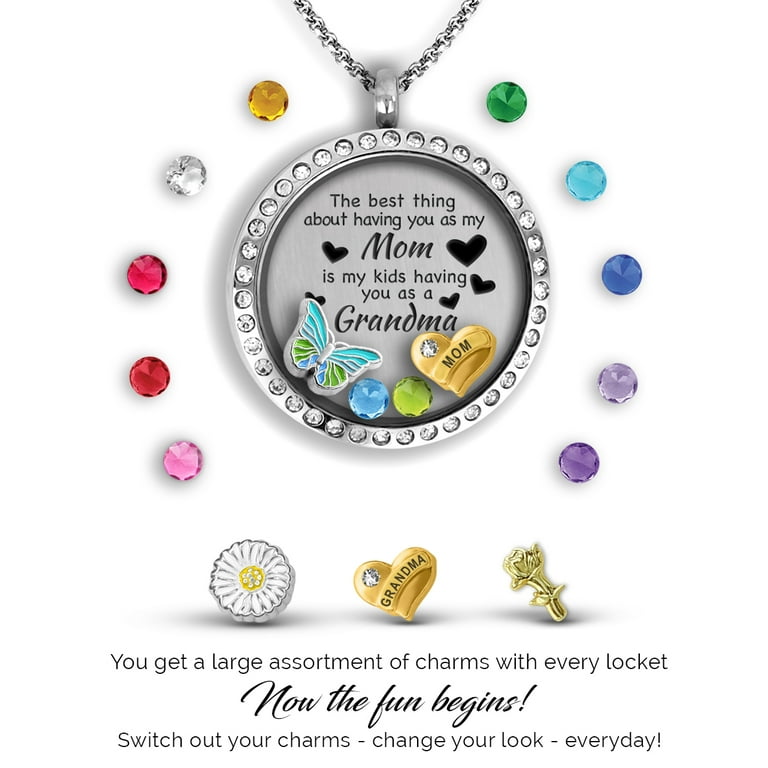 Grandma Necklace Gift for Mom Floating Charm Locket Pendant Necklace |  Unique Original Charms Personalized Birthstone Necklace
