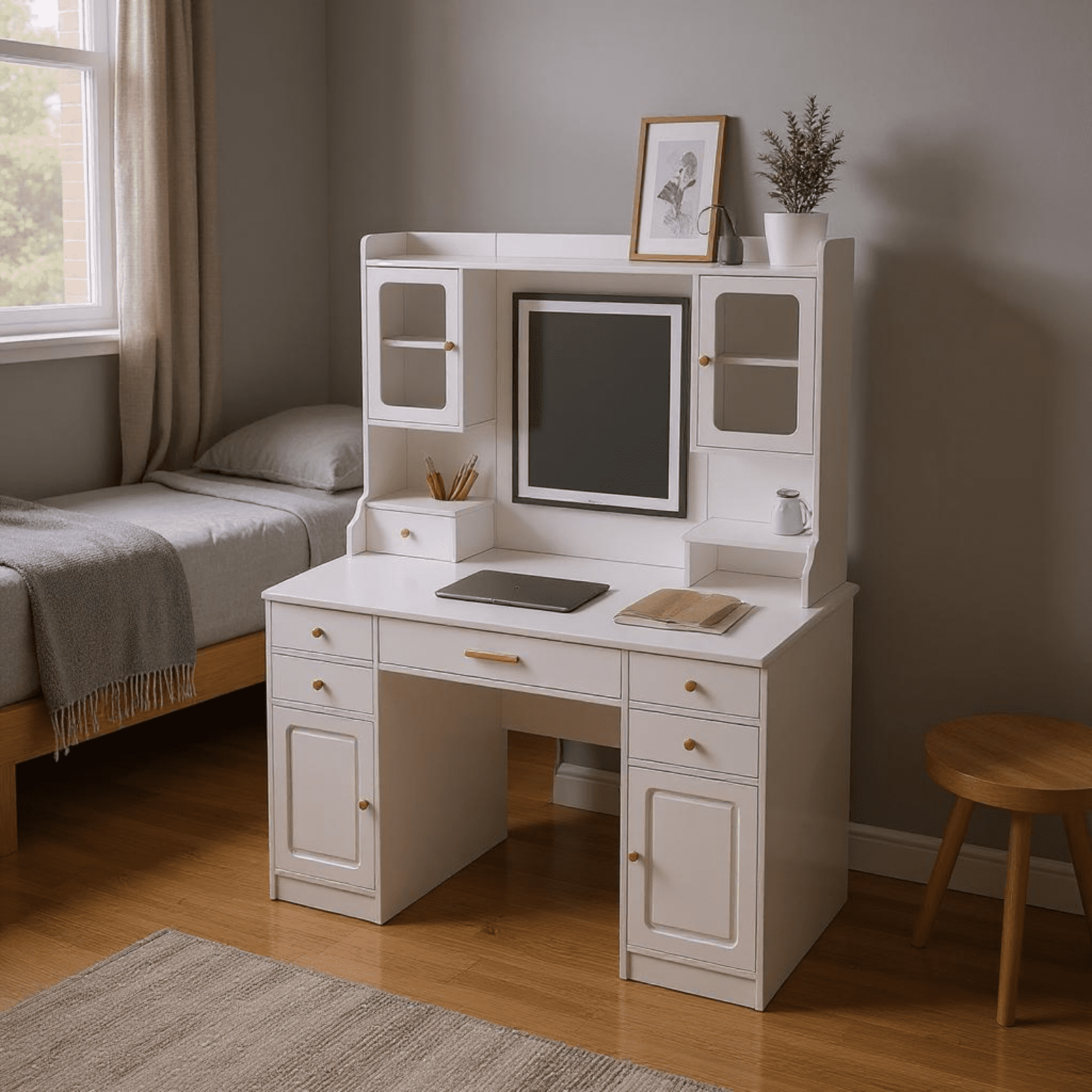 Homy Casa Vanity Desk with Mirror, Makeup Table with 6 Drawers & 2 Shelves, for Bedroom, White