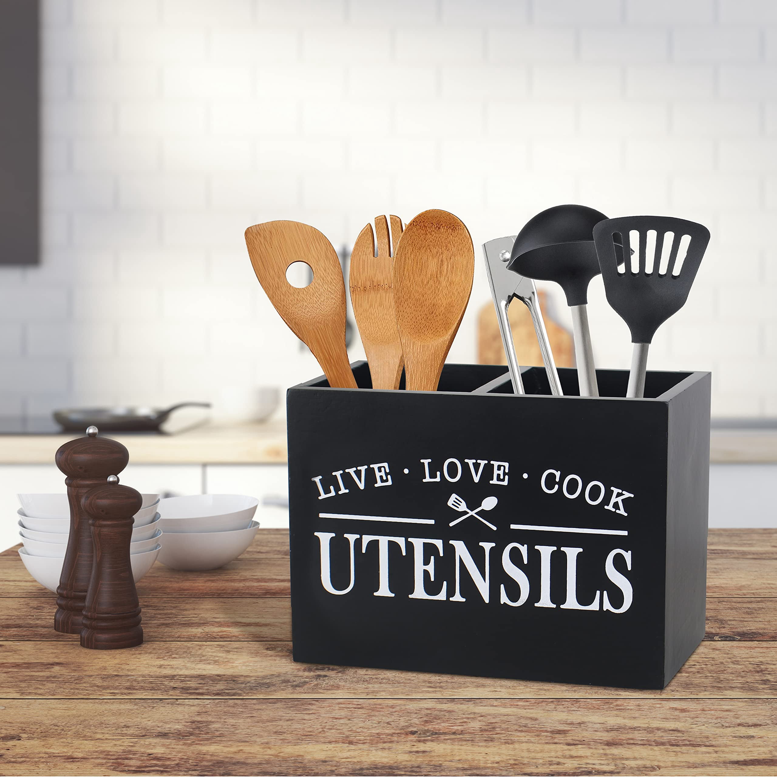 Arikago Kitchen Utensil Holder with Removable Bottom Large 2 Compartments Utensil Organizer Farmhouse Utensil Caddy for Countertop Decor, 9 x 7 x 5 Inch, Black