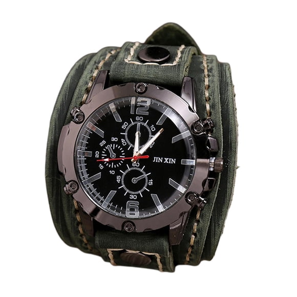Qarigey Punk Vintage Wrist Watch Wide PU Numeral Cuff Roman Belt Strap Leather Relojes Verde