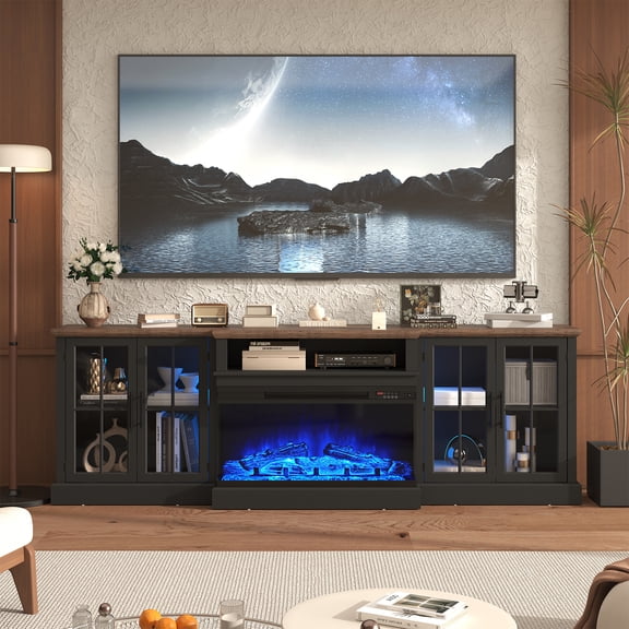 Sonegra 98" Farmhouse TV Stand with Fireplace for TVs up to 100", Media Entertainment Center with Adjustable Shelves and Large Storage Cabinets, for Living Room, Black