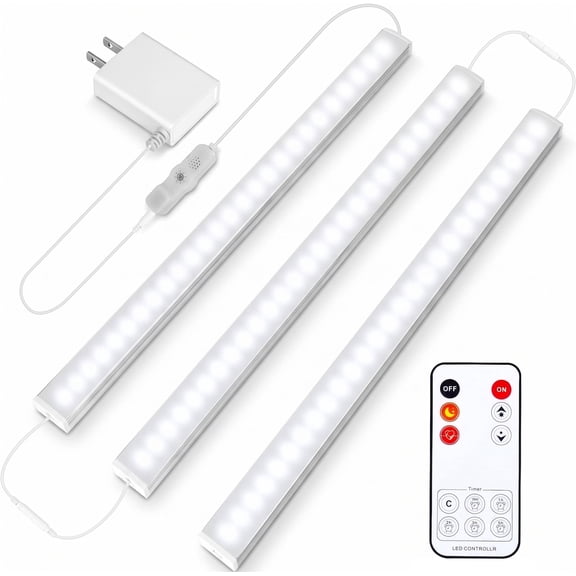 Plug in Under Cabinet Lights, 3 Pcs, 12 in, 6000K Daylight White, Dimmable LED, with Remote, for Kitchen Closet Counter Shelf Bedroom