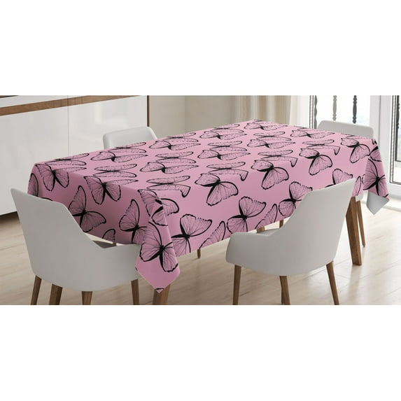 Butterfly Tablecloth, Rhythmic Flying Moths Spring Animal Feminine Tones Illustration, Rectangle Satin Table Cover Accent for Dining Room and Kitchen, 60" X 84", Pale Pink Charcoal Grey, by Ambesonne