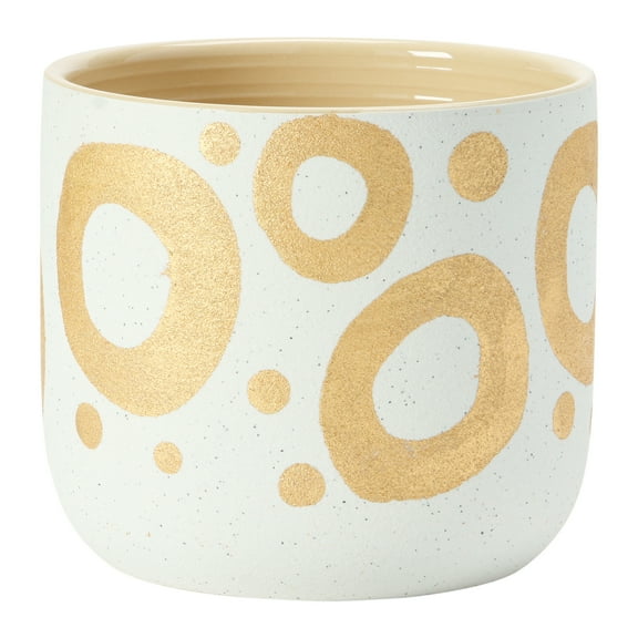 Creative Co-Op Hand-Painted Stoneware Planter with Circle Design, White and Gold