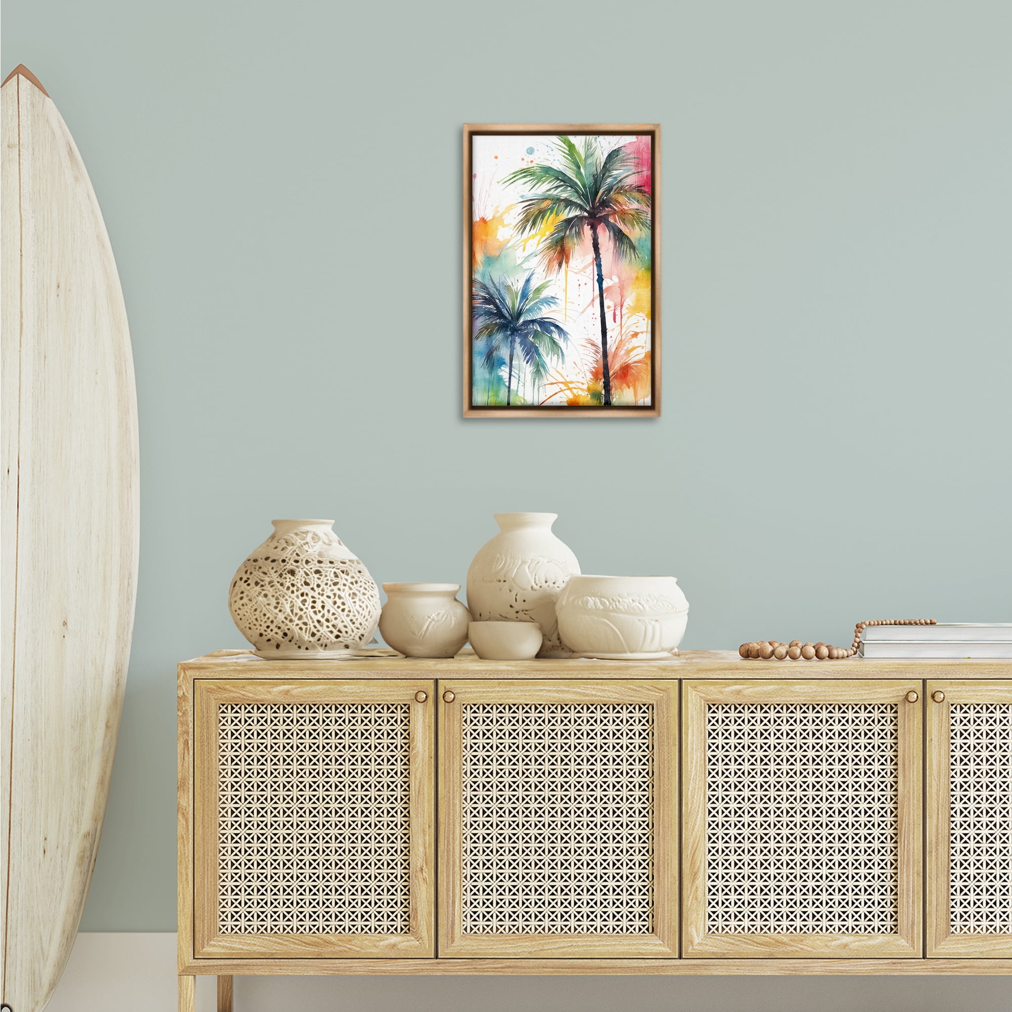 Stupell Industries Splashed Palm Trees Botanical & Floral Painting Brown Floater Framed Canvas Art Print Wall Art, 17 x 25