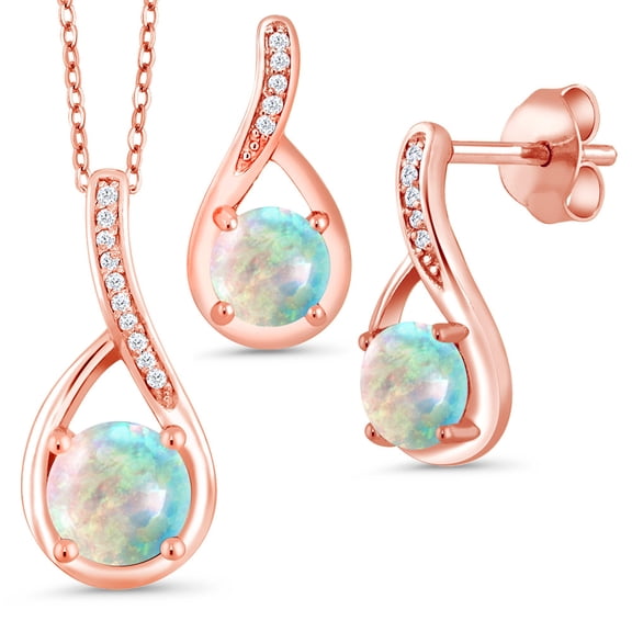Gem Stone King 0.98 Ct Cabochon Simulated Opal 18K Rose Gold Plated Silver Diamond Pendant and Earrings Jewelry Set