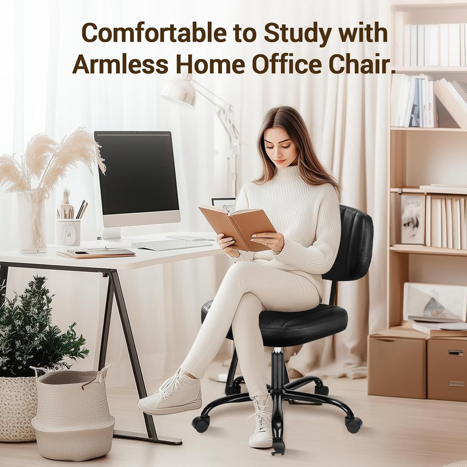 QUIOCOZY Home Office Desk Chair with Low Back and Wheels PU Leather Computer Chair Ergonomic Adjustable Height Comfy Chair Armless with Swivel Rolling Vanity Chairs for Bedroom Adult Black