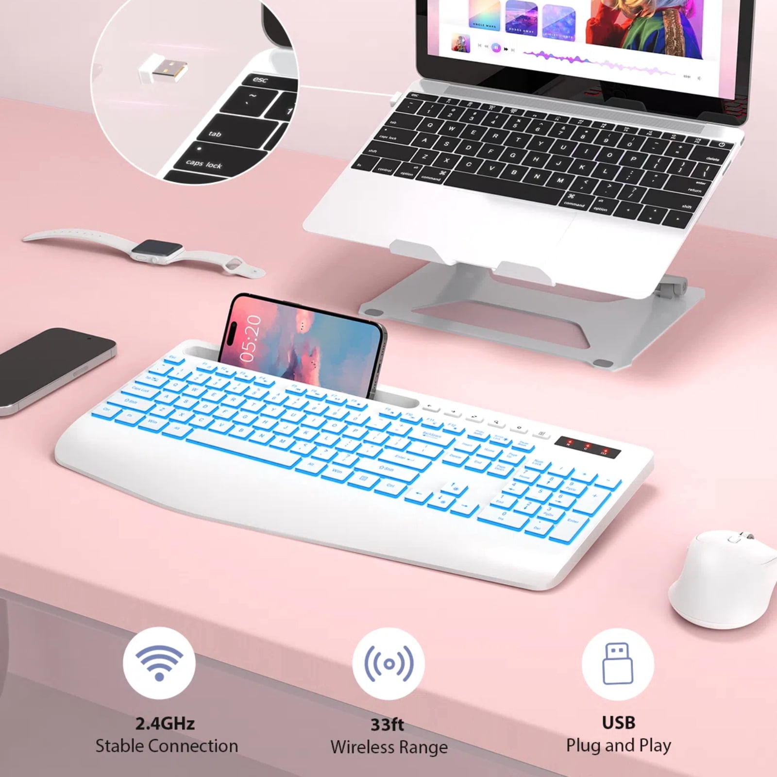 Wagpak Wireless Keyboard 7 Color Backlit Wrist Rest Rechargeable 112 Keys Quiet Keyboard-White