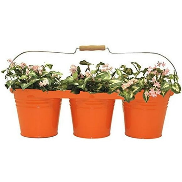 Houston International Trading 8333E TA Jardinière Triple Émaillée Galvanisée avec Poignée en Bois pour Pots de 6,5 Po, Mandarine