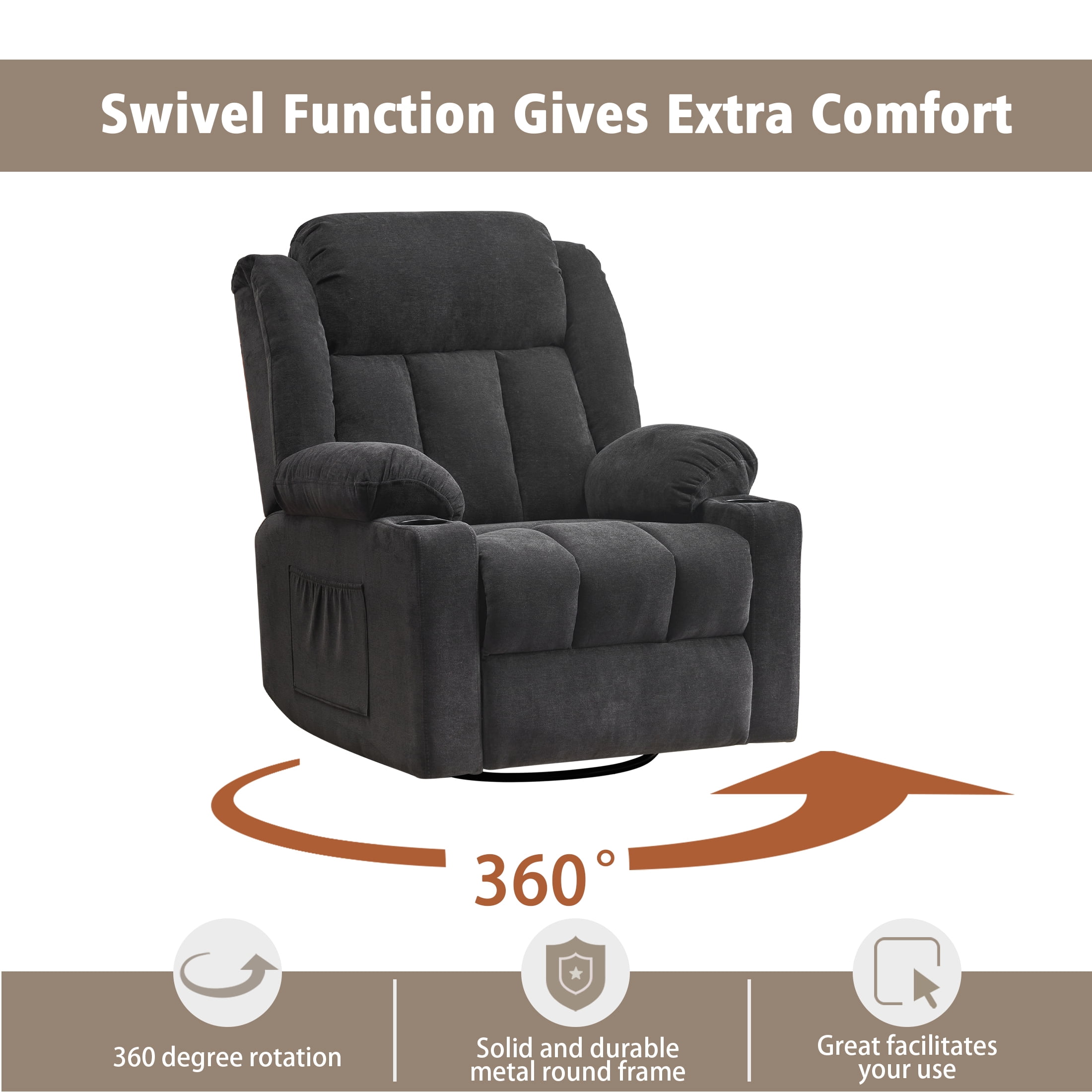 Sfxingyou Adult Fabric Solid Print Recliner Chair with Massage and Heat, Black Fabric