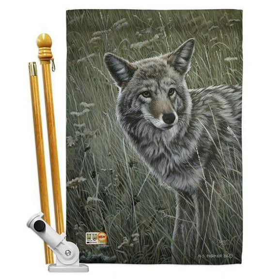 Breeze Decor BD-WL-HS-110089-IP-BO-D-US16-AL 28 x 40 in. Coyote Nature Wildlife Impressions Decorative Vertical Double Sided House Flag Set with Pole Bracket Hardware