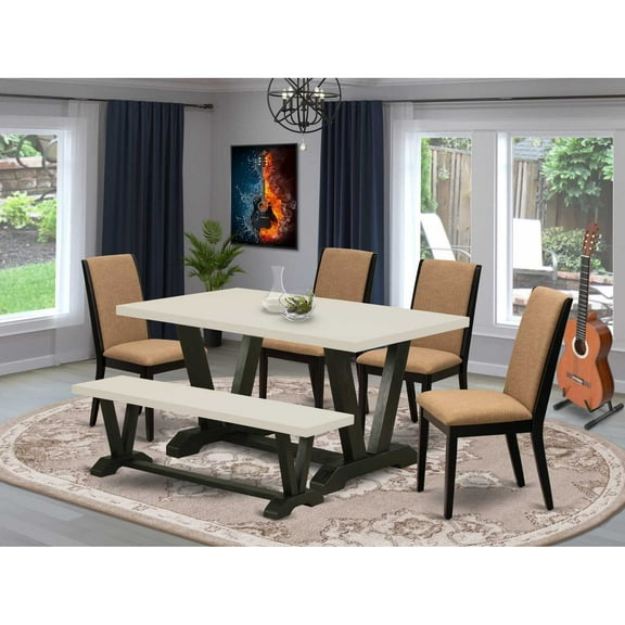 East West Furniture V626LA147-6 6-Piece Gorgeous Dining Table Set a Good Light Sable Dining Room Table Top and Light Sable Dining Bench and 4 Wonderful Linen Fabric Padded Chairs with Stylish...