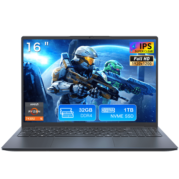 Exsurf 16" Business Laptop, Windows 11 Pro Laptop Computer, AMD Ryzen 7430U, 32GB RAM 1TB SSD, Backlight, Fingerprint, Gray