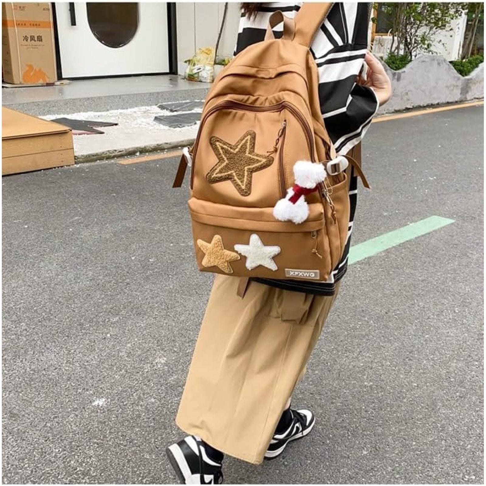SQDWYGUO Y2k Backpack with Kawaii Pendant Aesthetic Star Backpack Cute Preppy Laptop Book Bag Back to College Supplie,Caramel