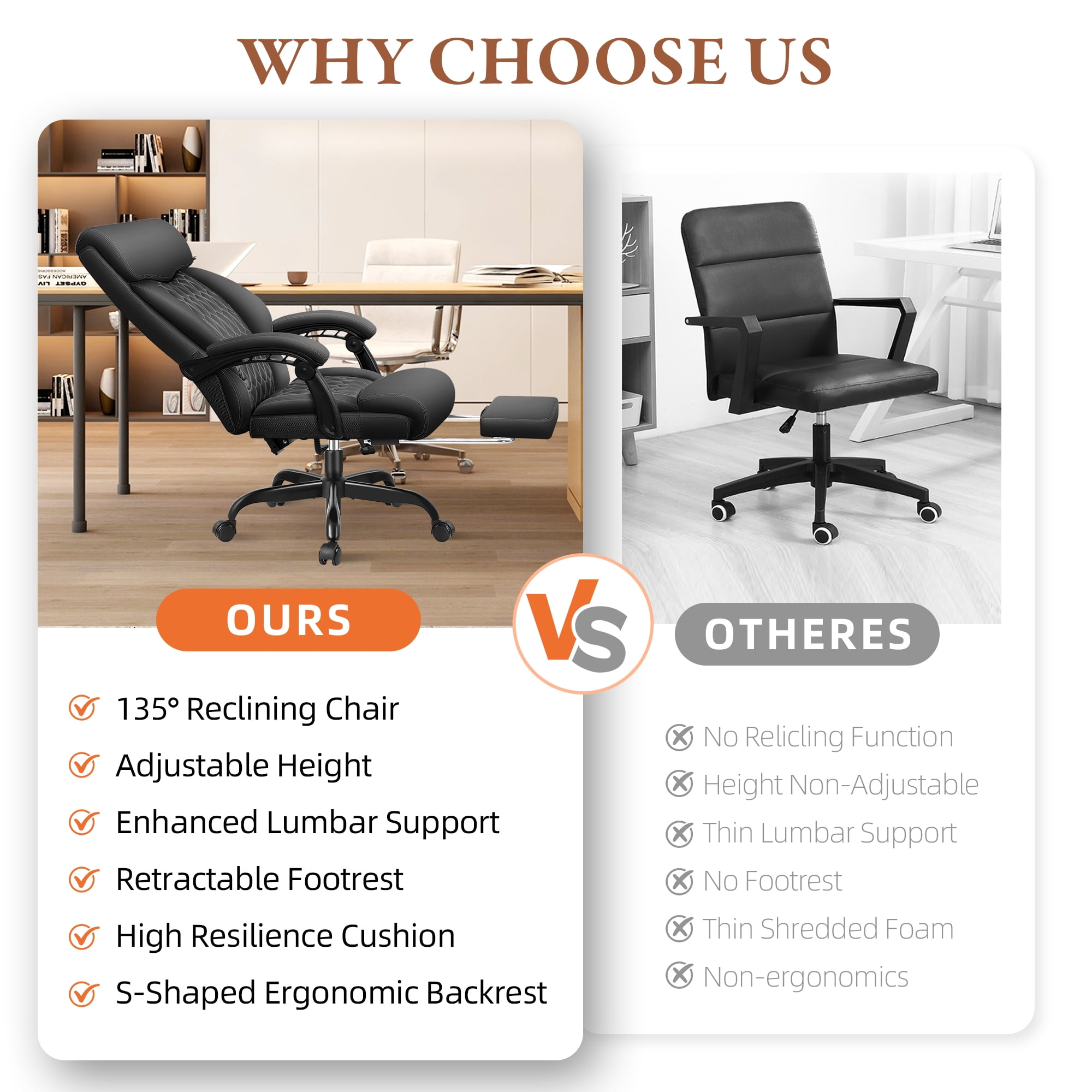 FASTES Executive Office Chair, Ergonomic Desk Chair with Adjustable Armrests, Big and Tall Office Chair Computer Leather Chair with Footrest and Lumbar Support, Black