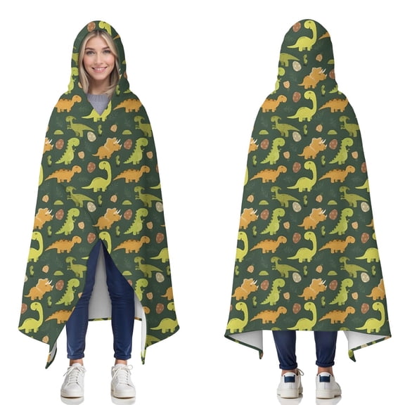 Wearable Blanket,DarkGreen Cartoon Dinosaurs Eggs Pattern Hooded Wearable Flannel Blanket for Adults & Teens,Winter Poncho Shawl Wrap Cape Cozy Anti-Pill,50"x60"