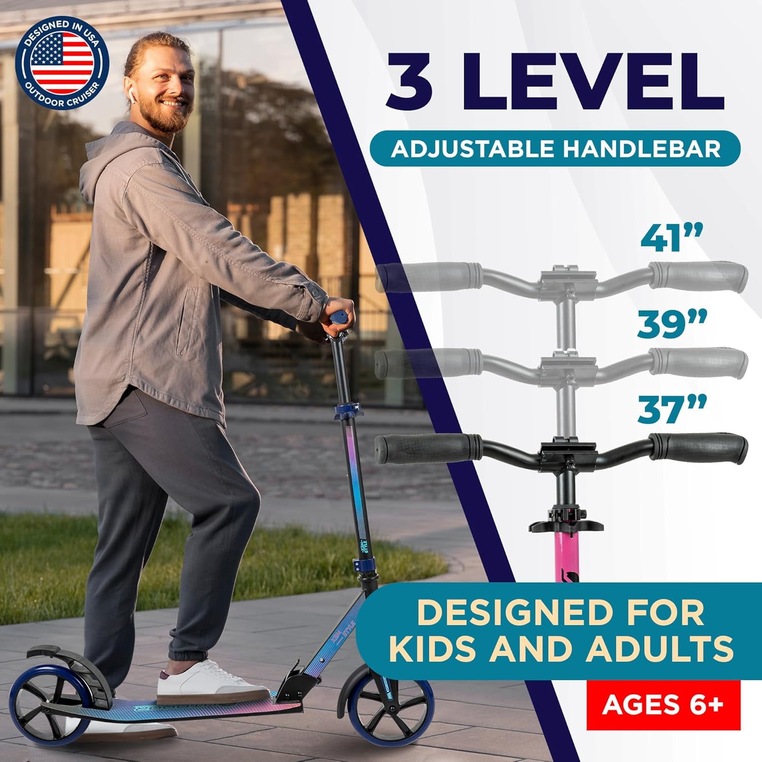 OutdoorCruiser Kick Scooter for Ages 6+, Kids, Teens & Adults, Foldable, Dual Suspension, 3-Level Adjustable Handlebar, Child Safety Approved, Pink