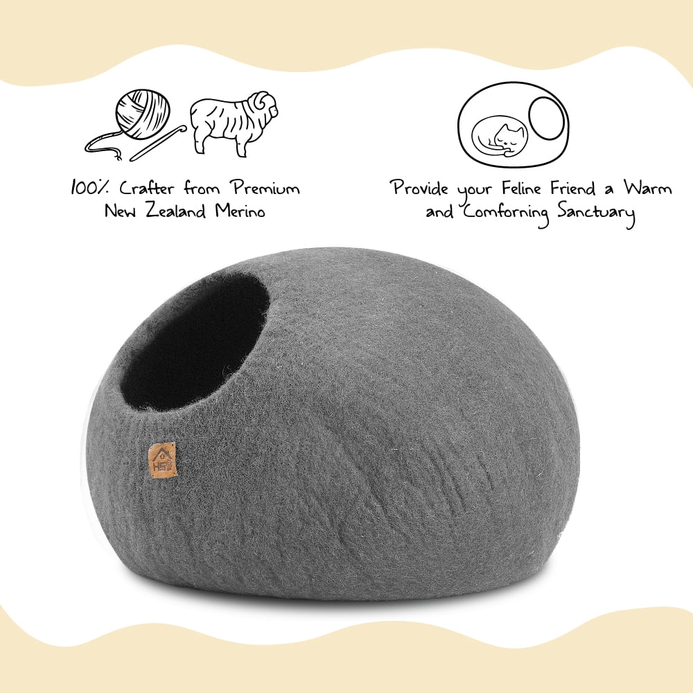 HAUSSIMPLE Wool Cat Cave Bed for Large Cats, Pet Sleeping Bed Natural 100% Merino Wool - Plain Gray