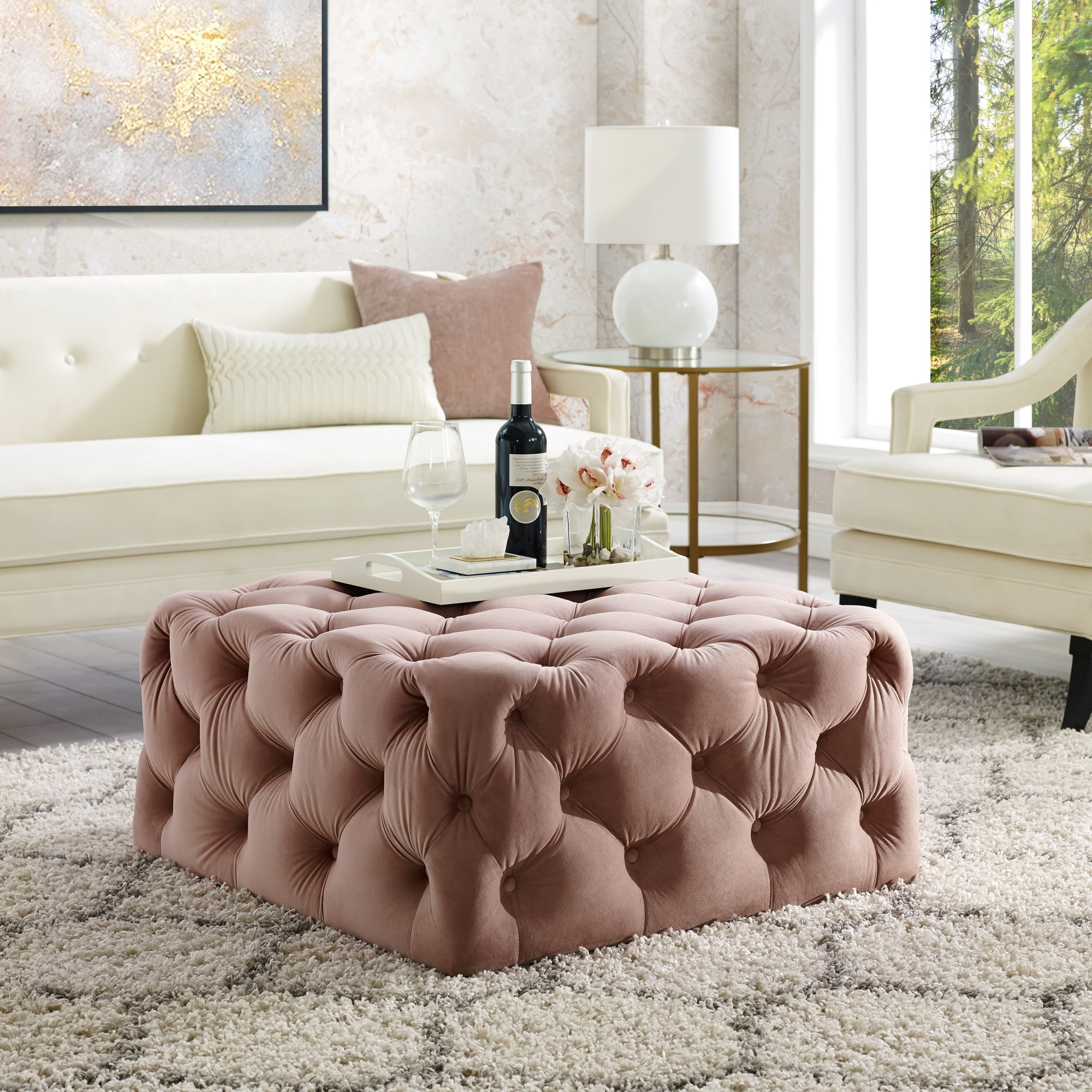 Inspired Home Vernon Velvet Cocktail Ottoman Allover Tufted Square