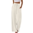 thumbnail image 3 of ZVAVZ Wide Leg Pants for Women Flowy Palazzo Drawstring Elastic Waist Trousers with Pockets Summer Beach Vacation Clothes Beige,S, 3 of 6