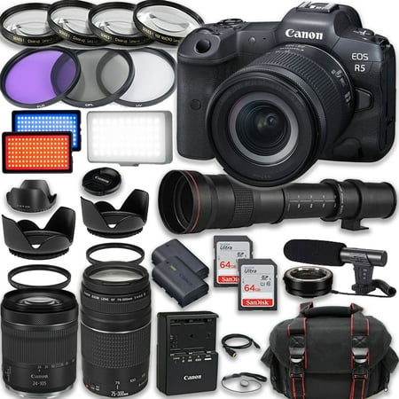 Canon EOS R5 Full Frame Mirrorless Camera with RF 24-105mm STM & 75-300mm III + 420-800mm HD Lenses, Accessories: 2X 64GB Memory Cards, LED Video Light, Microphone, Extra Battery, Case & More