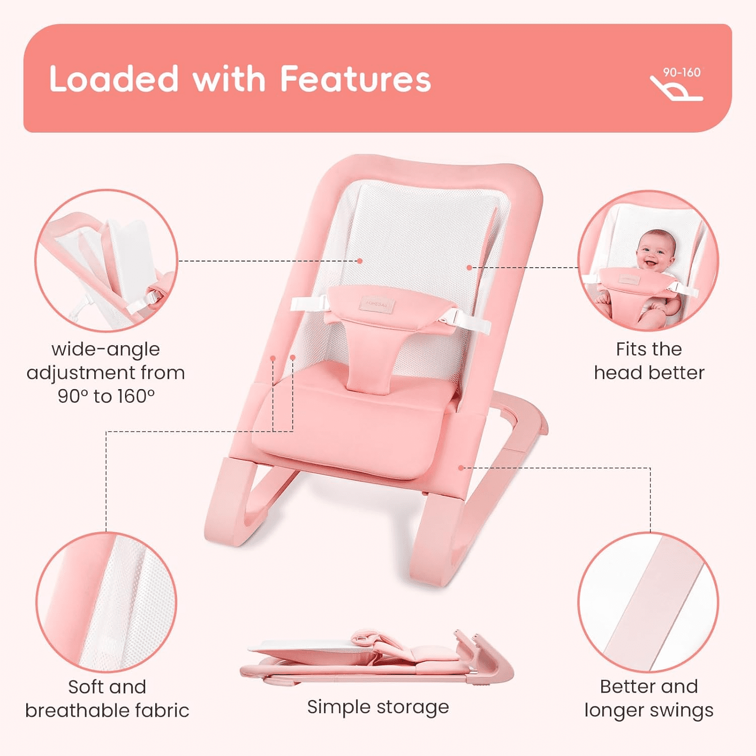 Portable Baby Bouncer Seat for Infants, Adjustable Baby Chair with 3-Point Safety Harness, Lightweight Foldable Design for 0-18 Months, Supports Up to 60 lbs, Pink