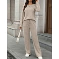thumbnail image 4 of FEOYA Womens Ribbed Knit Lounge Set Ladies 2 Piece Matching Pajamas Fall Long Sleeve Sleepwear Outfits Cozy Loungewear S Beige, 4 of 7
