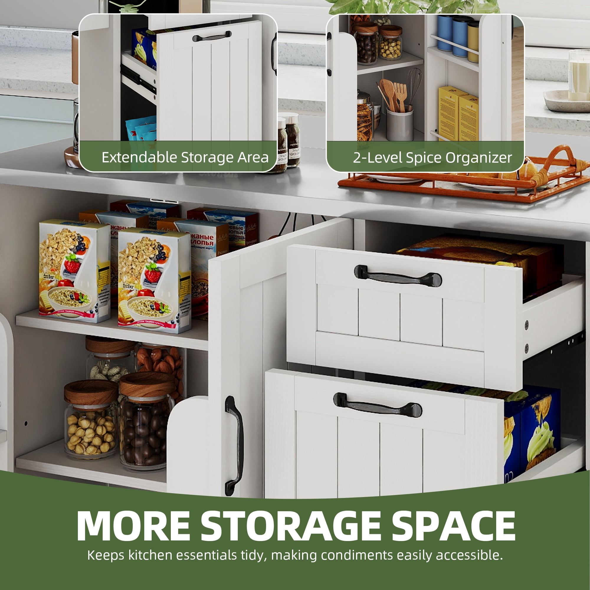 Uforic Kitchen Island Table with Stainless Steel top & Storage, Kitchen Island with Drop Leaf, White