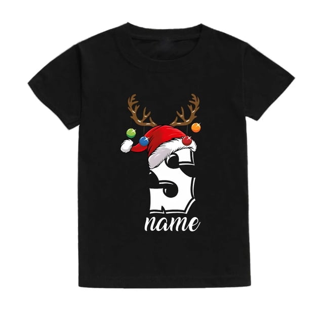 Camiseta personalizada de Navidad para niños, inicial con nombre, ropa para niños, Tops, trajes de fiesta de Navidad para niños y niñas, camiseta de vacaciones para niños