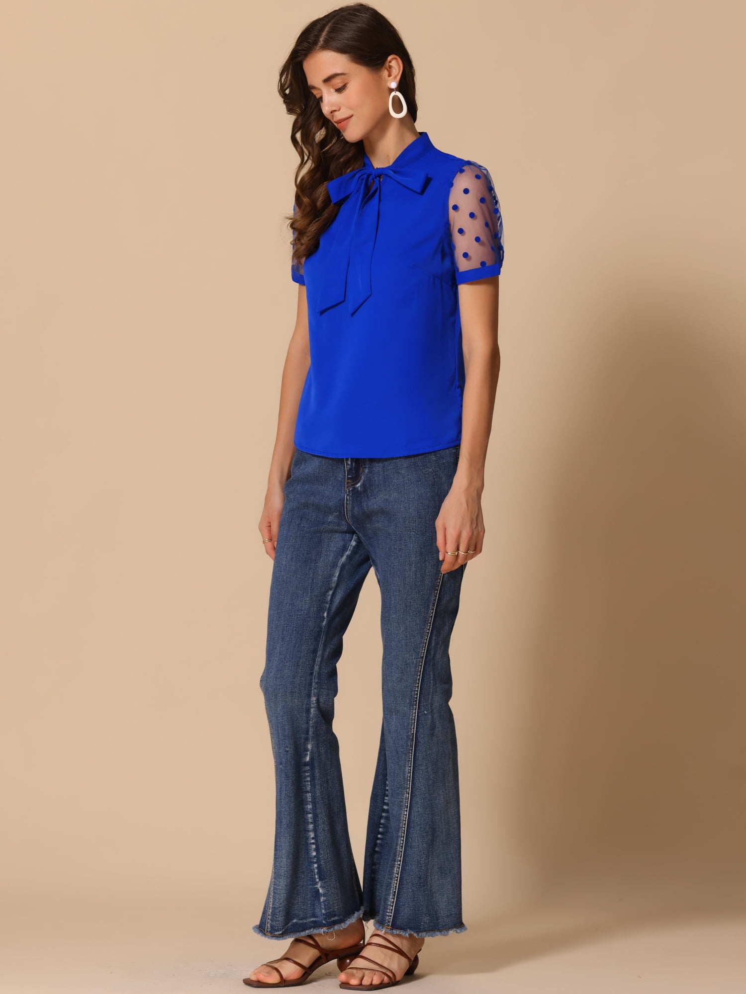 DARING DIVA V Neck Stand Collar Short Mesh Sleeve Blouse S Royal Blue