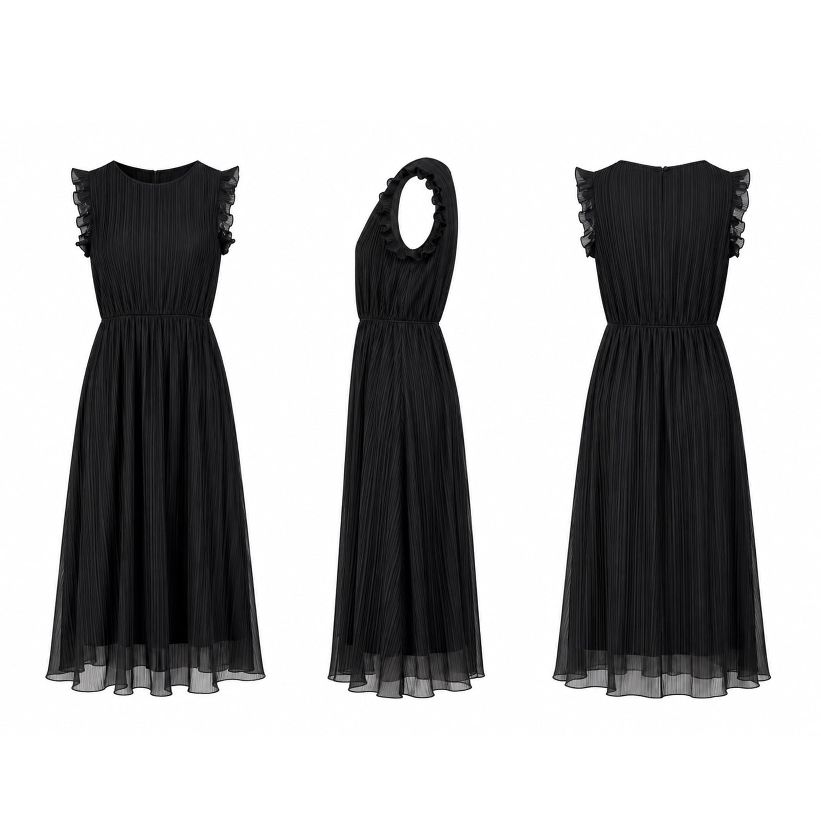Alvantor Women's Pleated Midi Dress with Ruffle Sleeves, Black