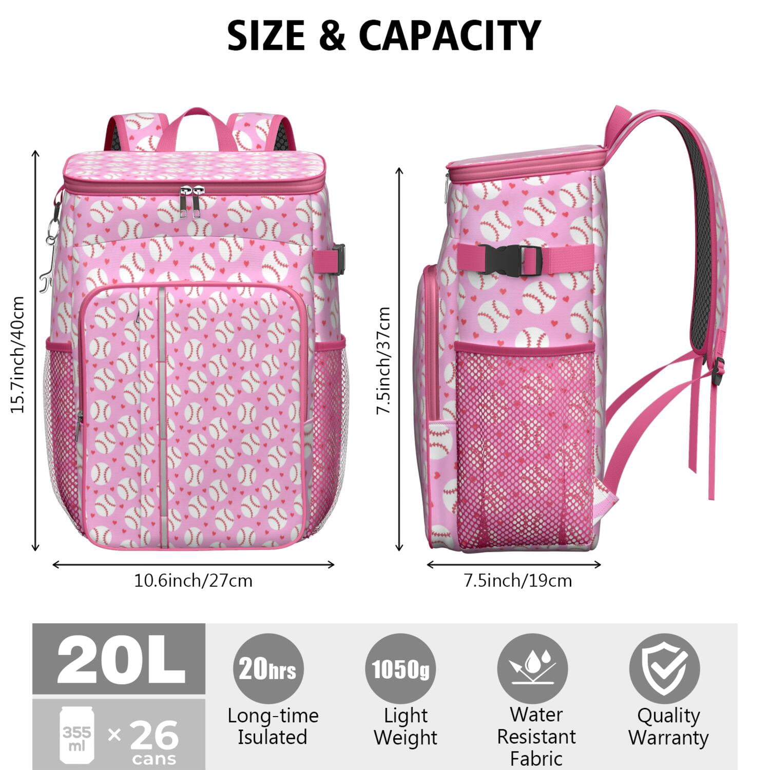 Travel Cooler Bag - Pink Baseballs Pattern Camping Beer Cooler Backpack with Bottle Opener- Waterproof Insulated Picnic Backpacks - Cooler Bag for Beach