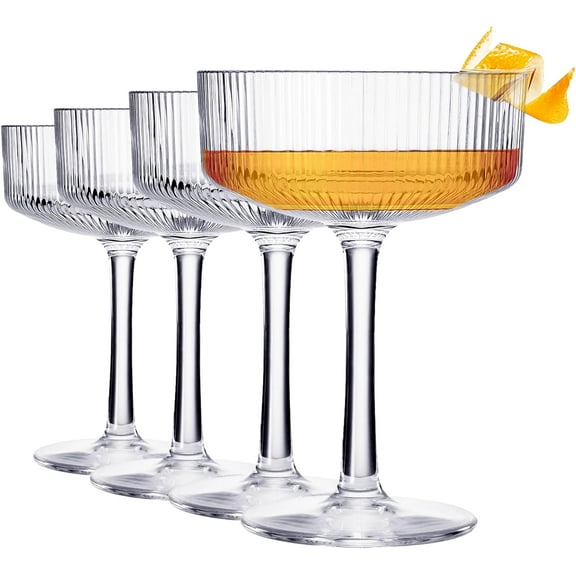 Vintage Art Deco Shatterproof Coupe Martini, Champagne & Cocktail Glasses | Set of 4 | Acrylic Ribbed Glasses 8 oz Ripple Glassware Classic Cocktail Glassware Indoor & Outdoor, European Design