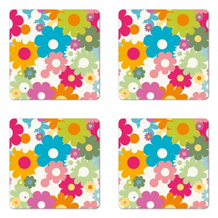 

Floral Coaster Set of 4 Rainbow Colored Vivid Image Sixties Inspired Blooming Nature Symmetrical Pattern Square Hardboard Gloss Coasters Standard Size Multicolor by Ambesonne