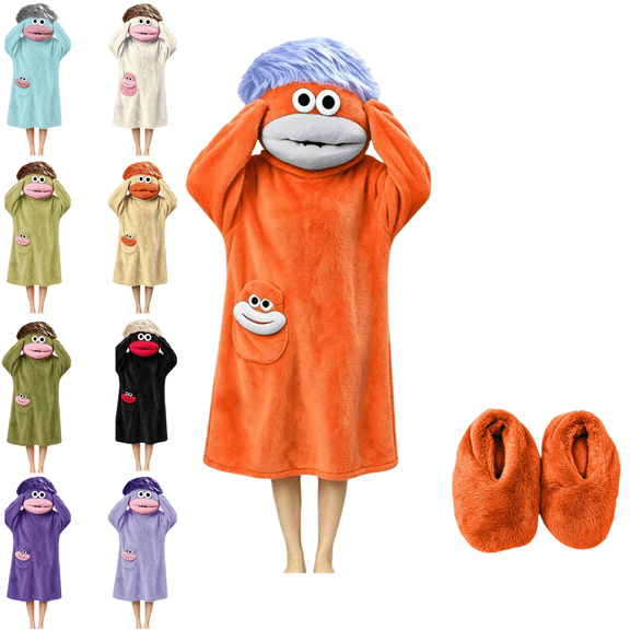 LRGSHF Hooded Plush Onesie Pajamas for Boys Girls Soft Long Loungewear with Slippers Funny Monster Hooded Wearable Sleepwear with Pocket