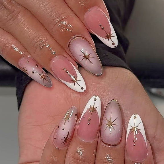 Elegant Star Press type Nails With Gold Metallic Edging ABS Artificial Nails For Formal Event Daily Wear