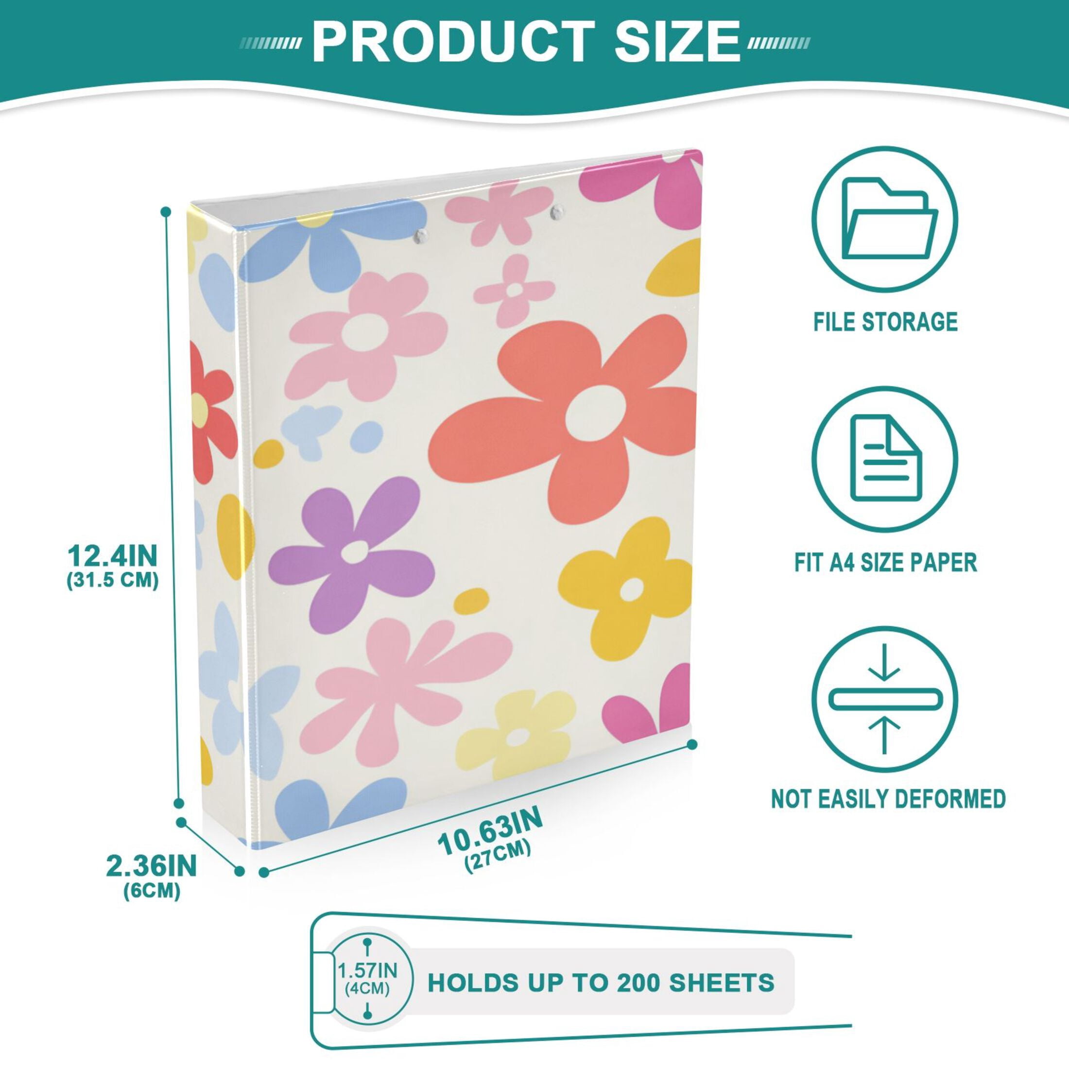 Colorful Cute Flowers Patte 12.4x10.6in PVC Round Ring Binder, D-Ring 3-Hole, Metal Clip, 200 Sheets